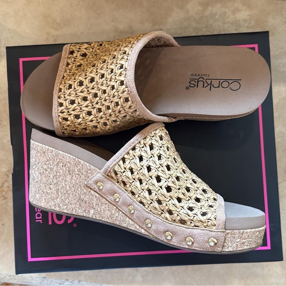 Corkys Tan Wedge Sandals with Woven Design